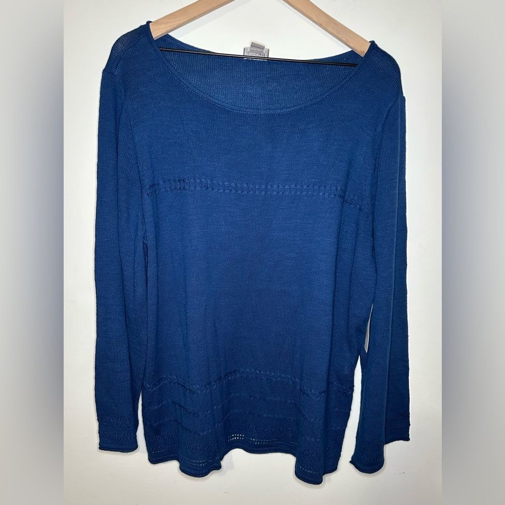 Chico's Apparel Rolled Hem Pullover Sweater 4 US XXL Blue Flare Sleeve Crochet